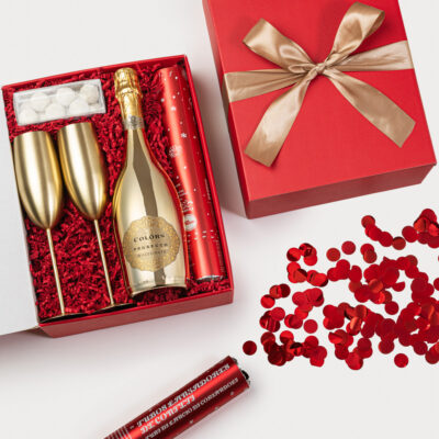 Gift box Golden Pop rossa con prosecco e dettagli per festeggiare