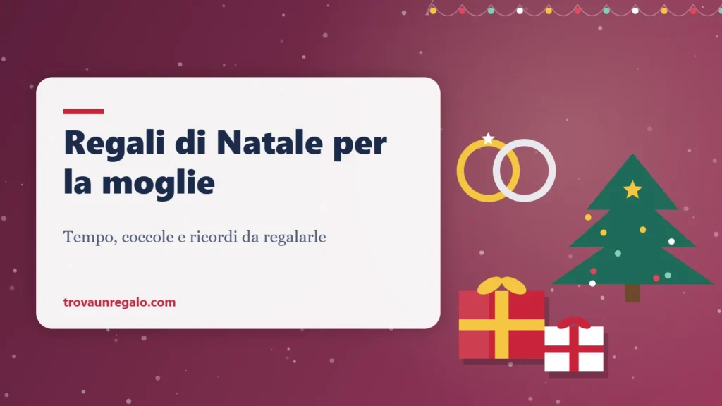 Illustrazione: due fedi, albero di Natale e pacchi regalo