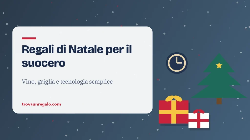 Illustrazione: regali di natale per il suocero con albero di Natale e pacchi regalo