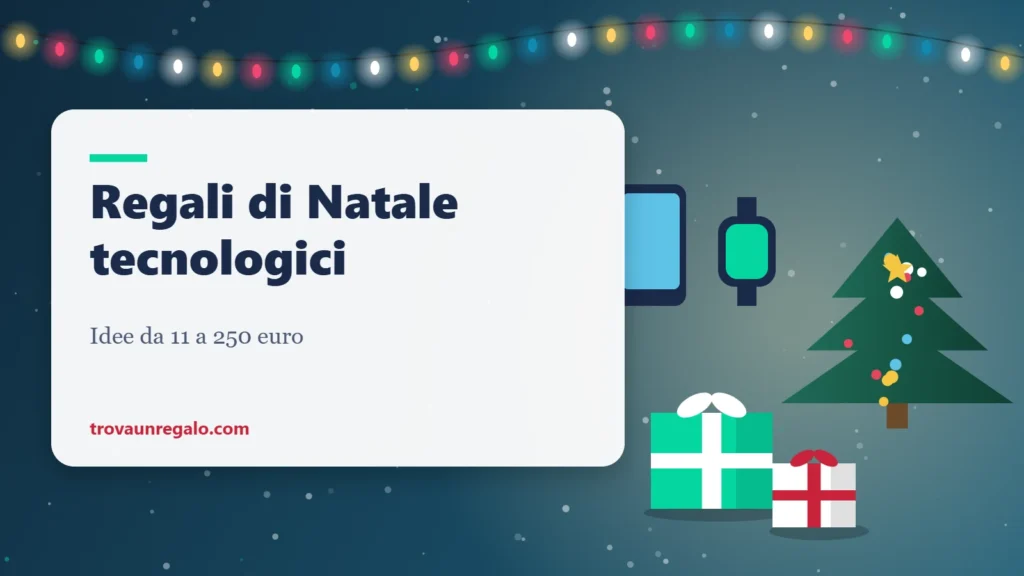 Illustrazione: smartphone, smartwatch, albero di Natale e pacchi regalo